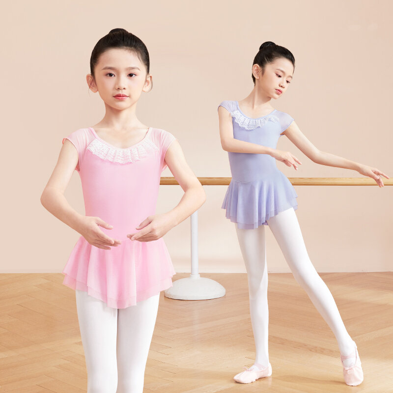 Балетные трико для девочек, танцевальные боди, двойная юбка из тюля, Детские гимнастические трико, кружевные строчки