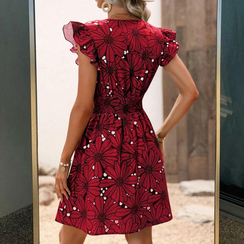 Women Dress V Neck Flower Print High Tight Waist A-line Flying Sleeves Ruffle Pleated Dating Party Mini Dress