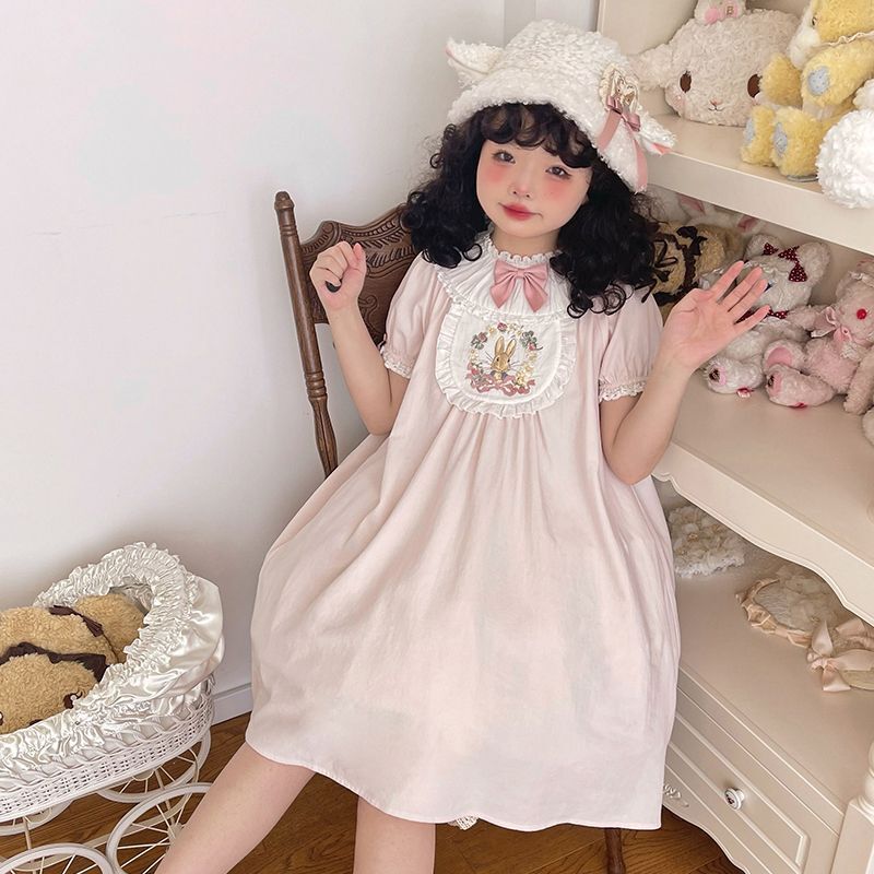 일본 귀여운 로리타 공주 원피스 소녀 귀여운 활 퍼프 소매 토끼 자수 나이트 드레스, 빅토리아 빈티지 미니 원피스