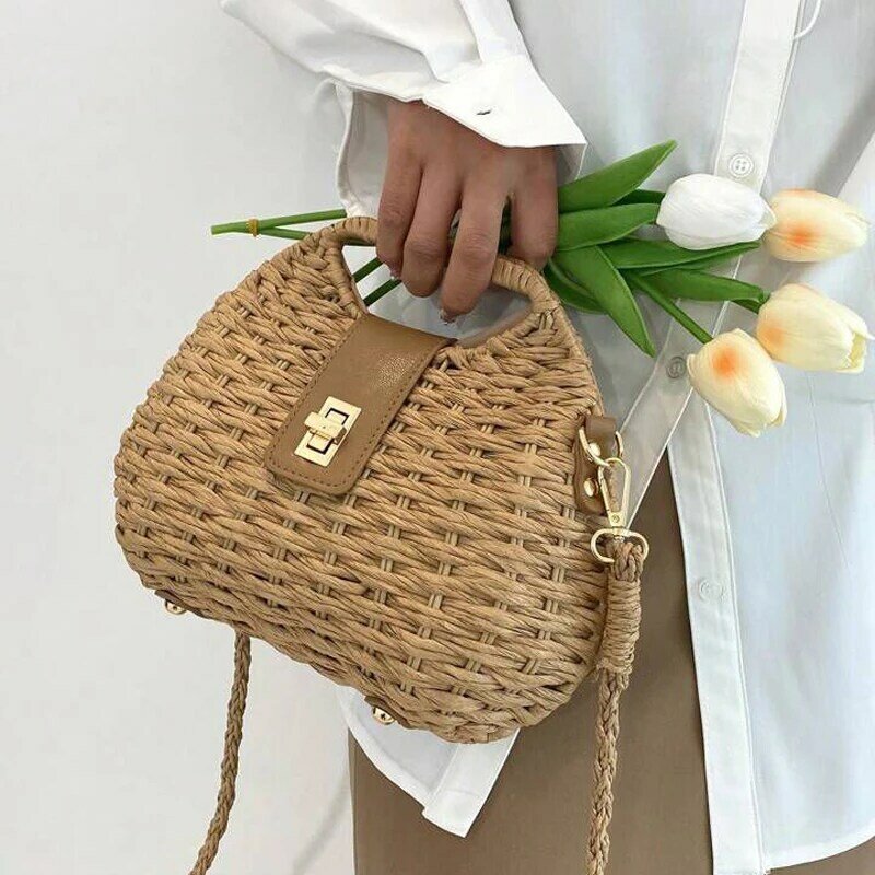 Fashion Straw Shell Women Handbags Woven Box Shoulder Crossbody Bags Handmade Summer Beach Bag Small Purses Vacation 2024