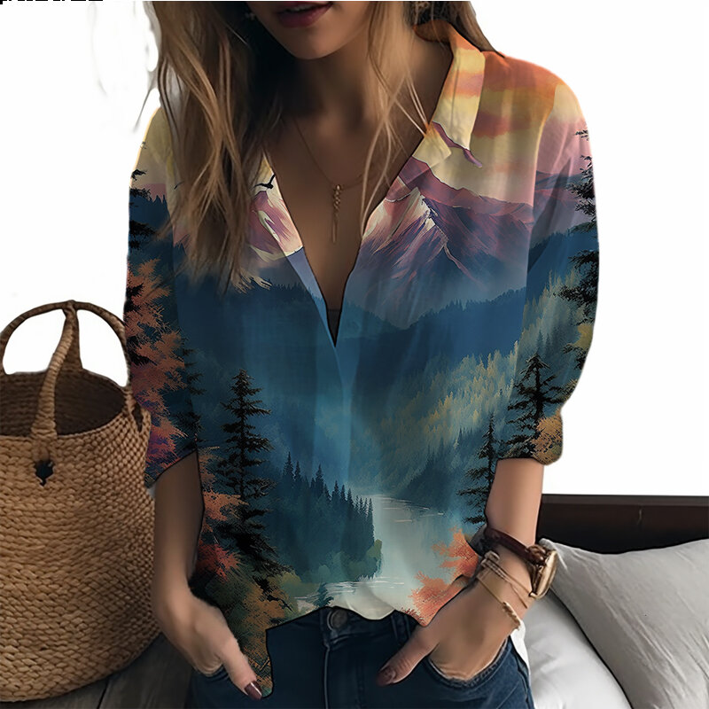 Camisa con estampado 3D de paisaje para mujer, camisa holgada informal, estilo de vacaciones, tendencia de moda, novedad de verano