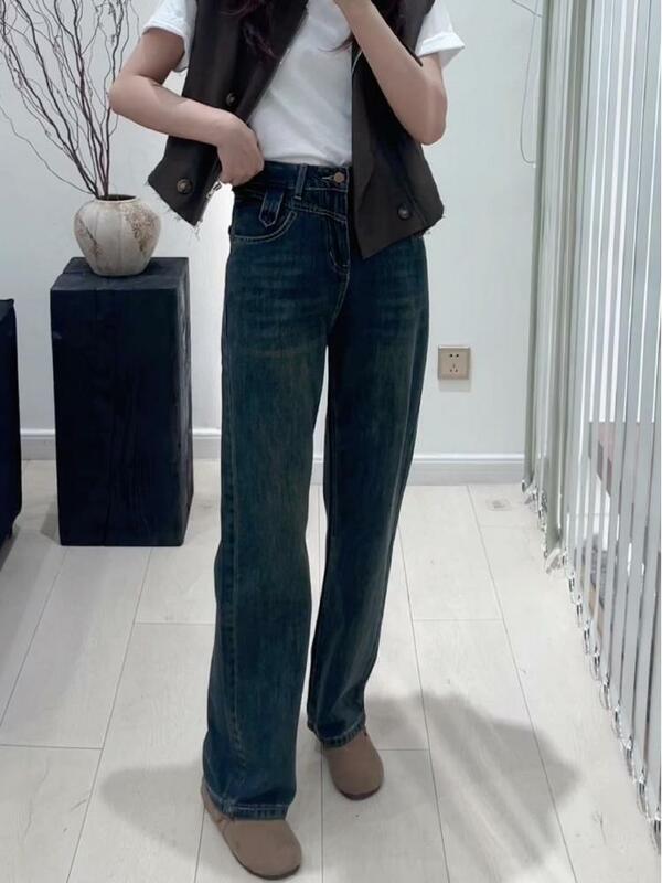 Finewords-Jeans solto de cintura alta para mulheres, calça jeans azul escuro, streetwear casual, jeans lavado e retrô, estilo coreano, lazer