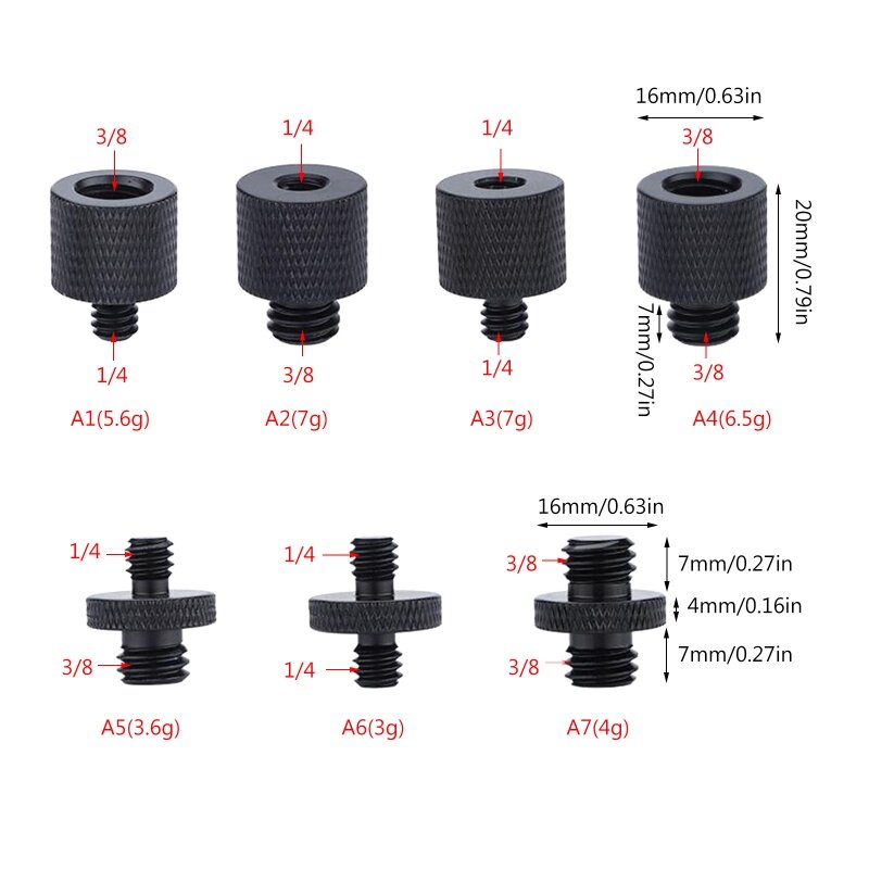 K1KA 7 tipos de tornillo adaptador de rosca para trípode de cámara 3/8 "hembra a 1/4" macho 1/4 a 3/8
