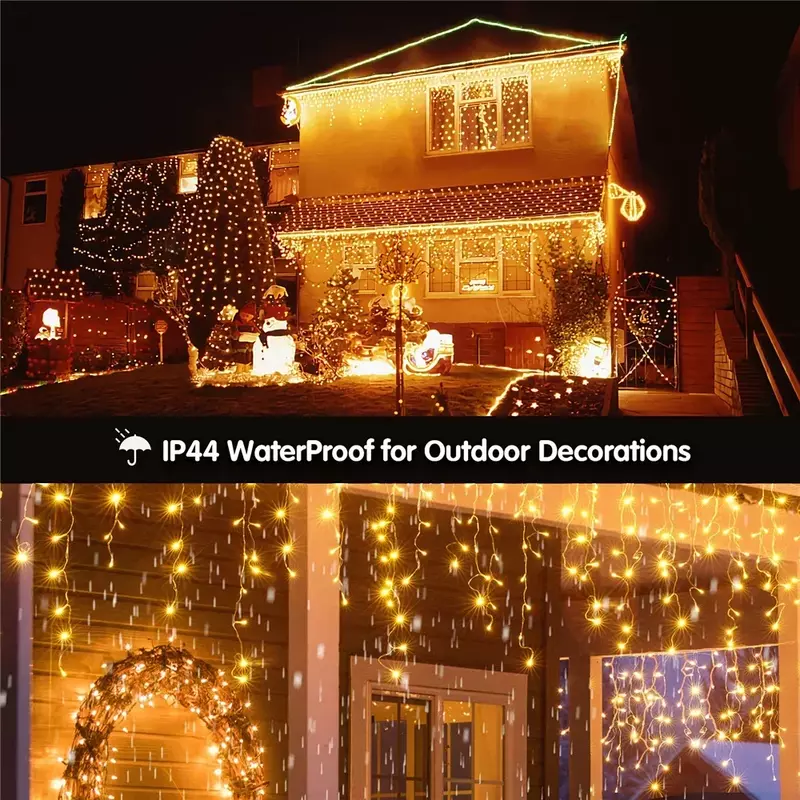 가정용 거리 화환 크리스마스 장식, LED 꽃줄 고드름, 야외 커튼 조명, 2024 새해 휴일 장식