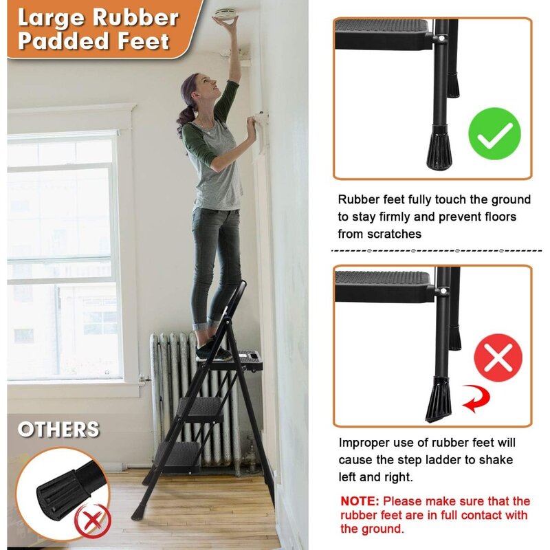 3 Escada Dobrável com Pedal Antiderrapante Largo, 500lbs Sturdy Steel Ladder, Escada Handgrip Conveniente para Casa