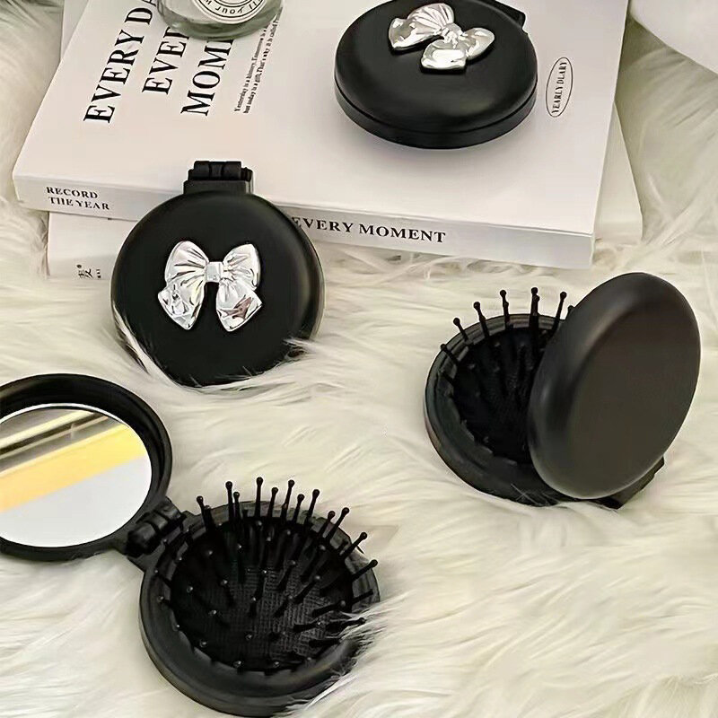 Cute Folding Massage Comb With Makeup Mirror Travel Portable Plastic Airbag Small Comb Hair Brush Bow Tie Air Cushion Comb