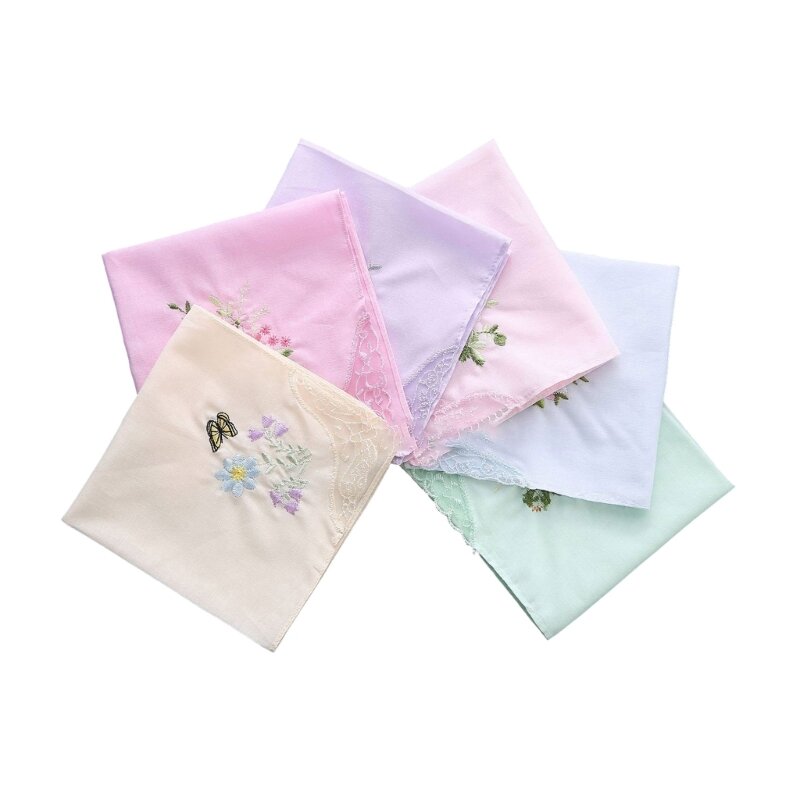 28 cm buntes, weißes, mit Spitze besticktes Taschentuch, quadratisches Handtuch, Baumwolle, weich besticktes Damen-Taschentuch