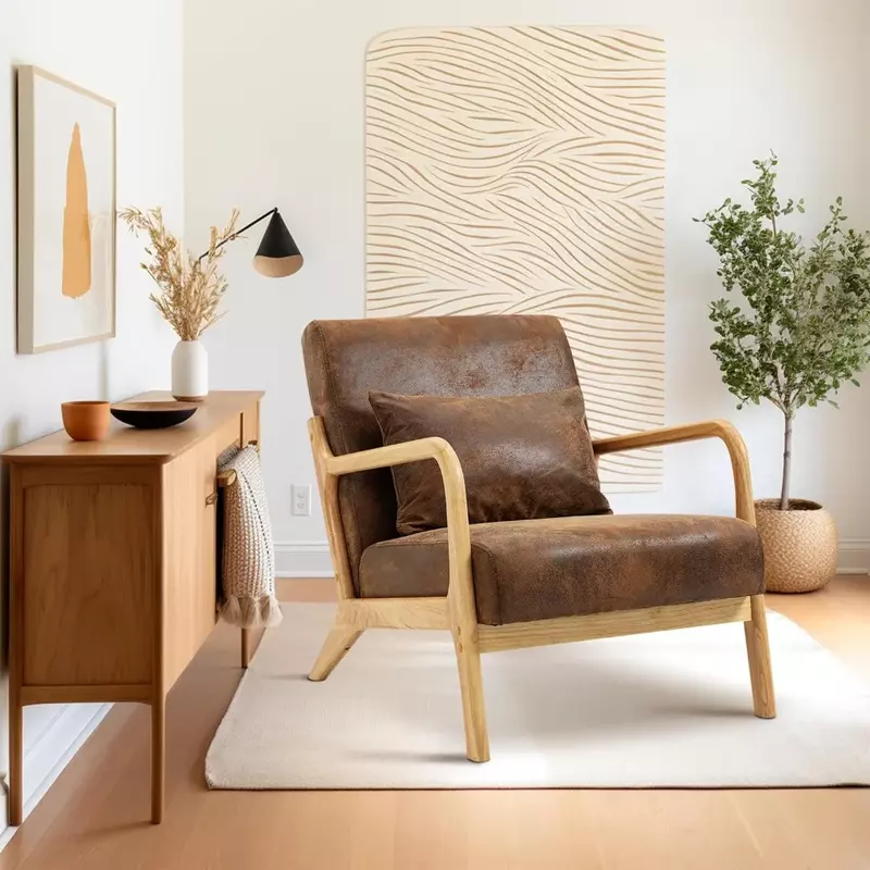 다크 브라운 허리 쿠션 PU 가죽 의자, 홈 오피스 침실 거실 의자, 커피 의자, 카페 나무 크러스트 카페 가구