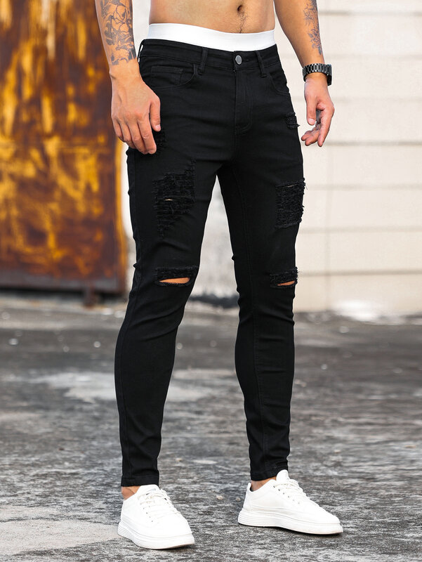 Celana Jeans kurus sobek hitam pria, celana panjang Denim ramping kasual Hip Hop modis musim semi untuk Jogging Homme