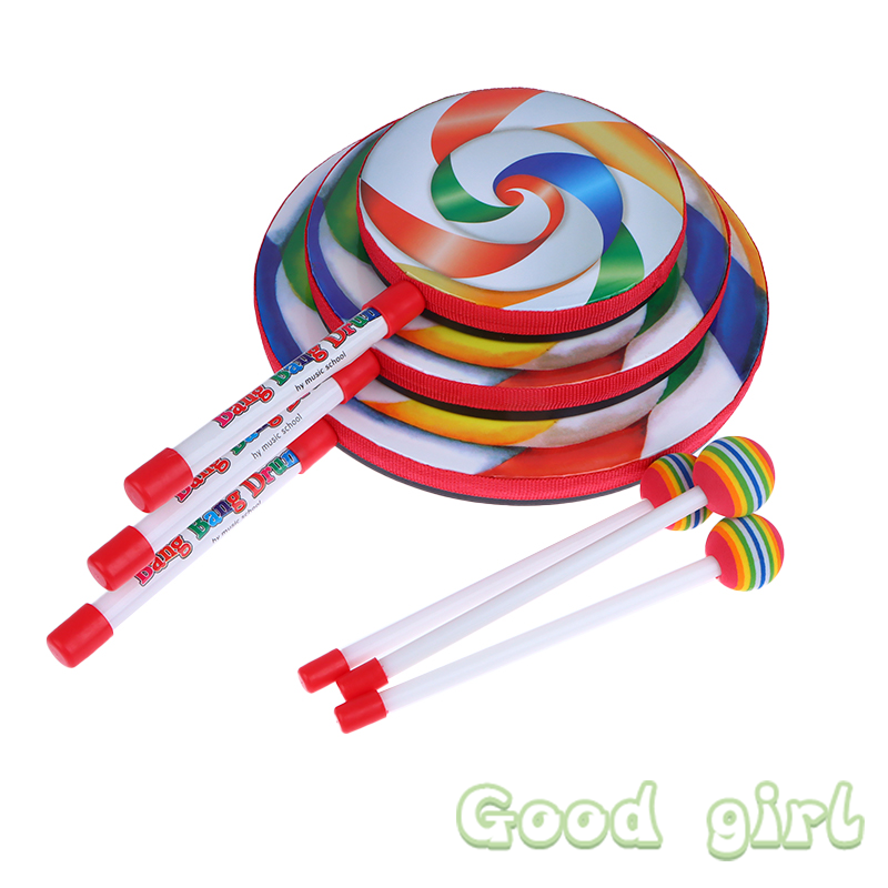 Lollipop estilo mão tambor para crianças, instrumento de percussão, pandeiro portátil com vara, brinquedos educativos, 6/8/10 polegada