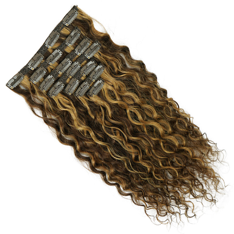 エクステンションの自然な巻き毛の人間の髪の毛のクリップ、ヨーロッパのウェーブのかかった髪のヘアピース、茶色のブロンド、140g、p4 27