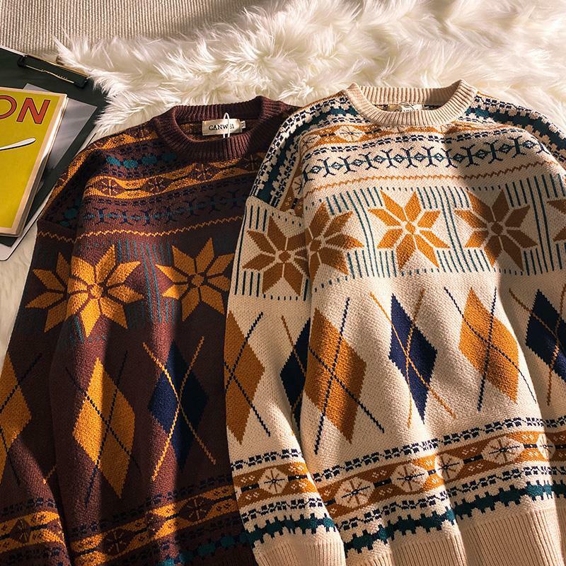 2023 Pullovers Vintage Retro Christmas Sweater Couple  Men's Knitted Sweater Winter Warm Casual Korean Streetwear Harajuku
