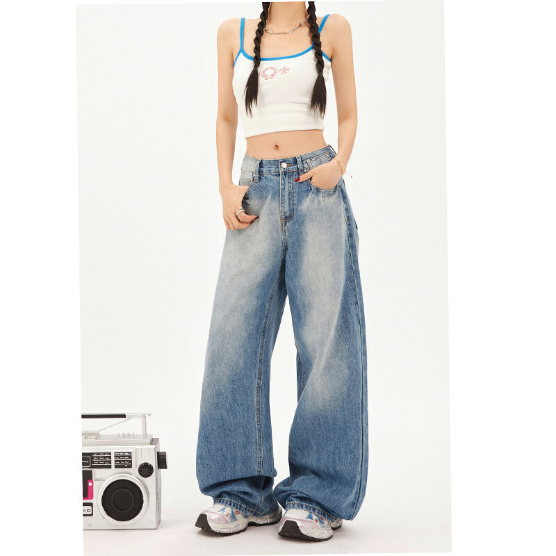 Женские джинсы оверсайз с завышенной талией, прямые повседневные мешковатые брюки в американском стиле ретро, уличная одежда Y2K, джинсовые брюки с широкими штанинами
