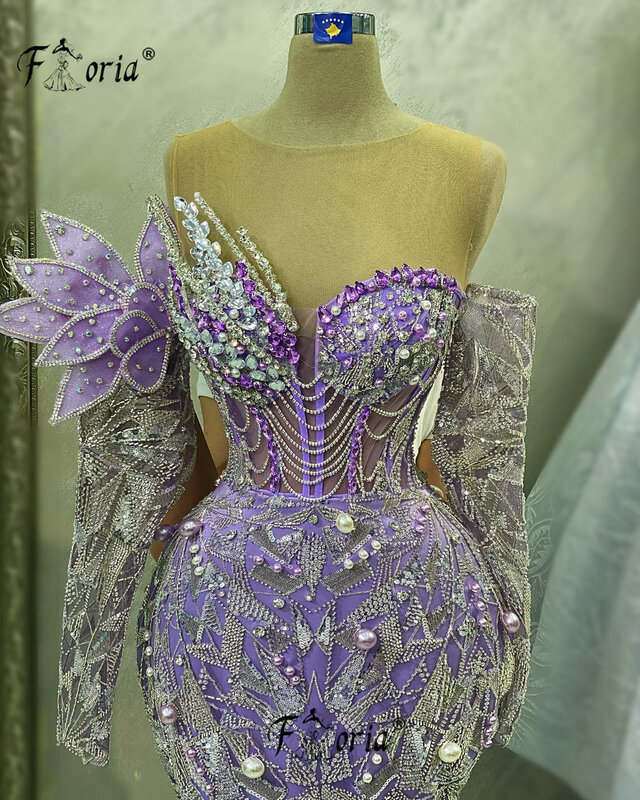 Vestido de noite sereia lilás frisado cristal, mangas compridas, ombro, vestidos de casamento, vestido de baile, Dubai, luxo