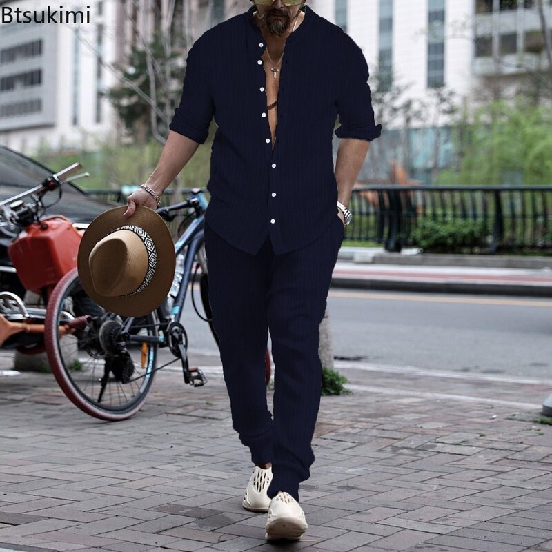 Рубашка и брюки мужские с воротником-стойкой, повседневный комплект из двух предметов, с длинным рукавом, на пуговицах, в стиле ретро, полосатый однотонный костюм, 2024