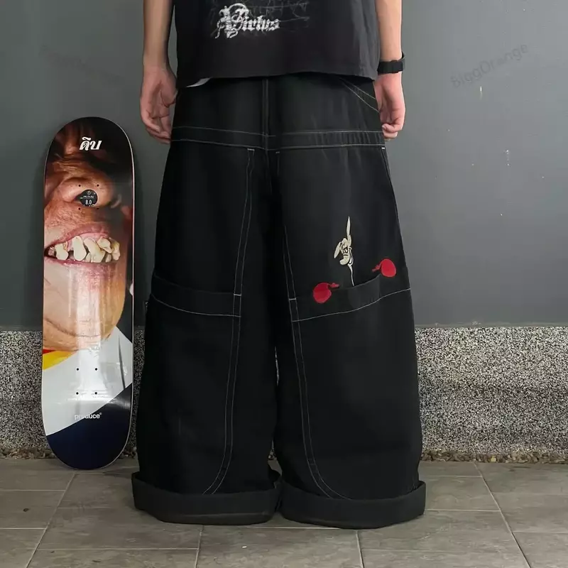 Hip Hop American Jnco Big Y2K Street Casual Loose Denim Pocket Boxing Kangaroo Print Wash Wide Leg Jeans for Men and Women Pant