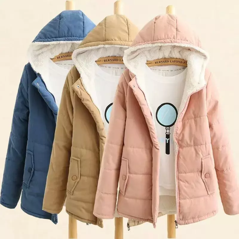 Abrigo grueso de lana de algodón con capucha para mujer, chaqueta acolchada de manga larga, estilo universitario, otoño e invierno, 2024