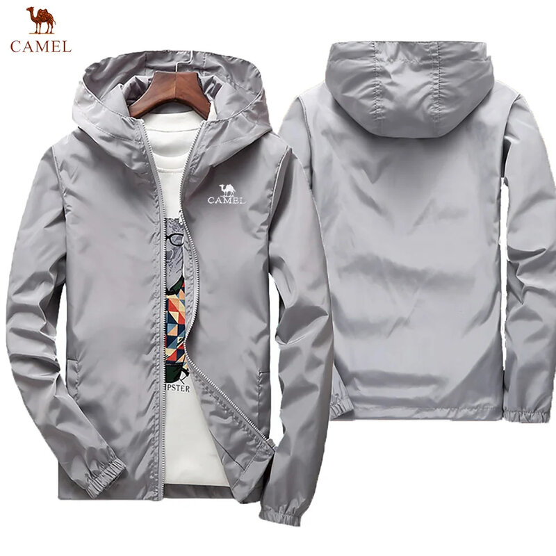 CAMEL New embroidered men's casual loose windproof zippered hooded sun protection jacket, outdoor camping, oversized light color
