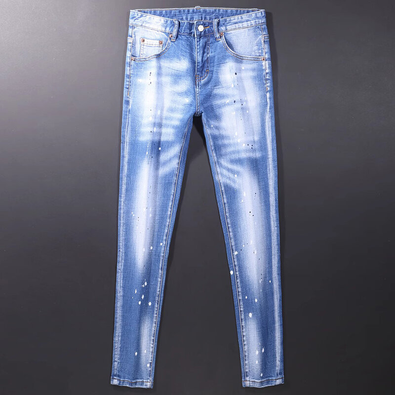 Calça Jeans rasgada com elástico para homens, calça lápis, retrô, azul claro, liso, lavado, moda de rua, estilista, vintage