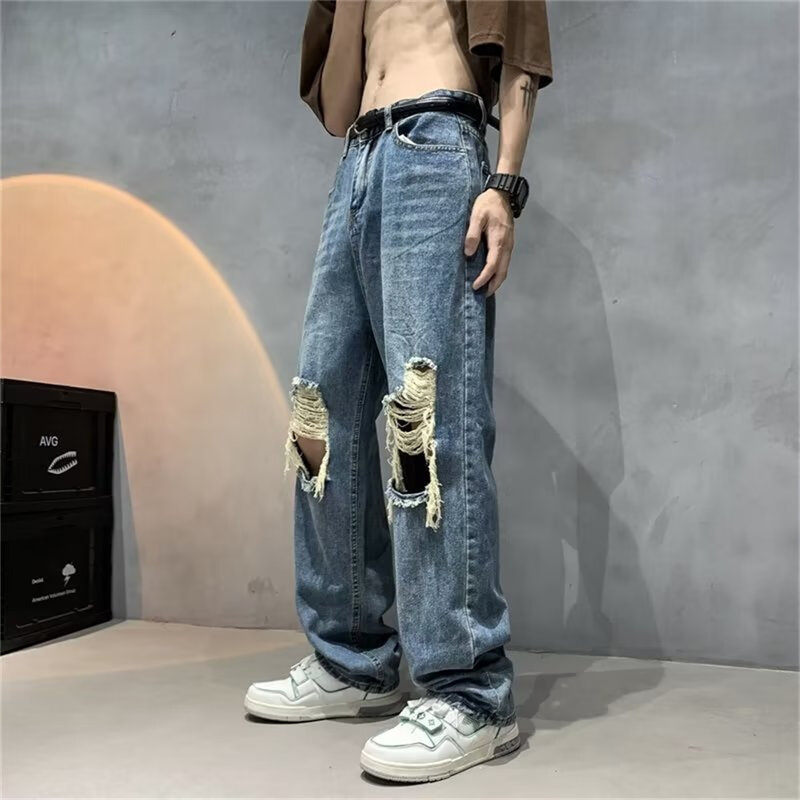 Pantalones vaqueros holgados de pierna ancha para hombre, ropa de calle informal, con agujeros rasgados