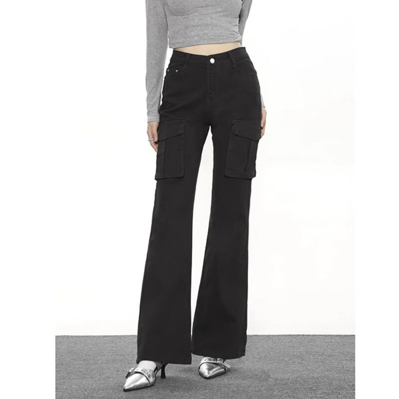 Женские джинсы-карго Y2K, черные пикантные элегантные брюки-клеш с высокой талией, женские джинсовые брюки в эстетике
