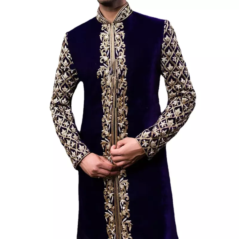قميص شبابي متوسط الطول مطبوع بياقة قائمة على أساس عرقي ، ملابس رجالية إسلامية عربية ، ملابس متجر تركية ، معطف الموضة
