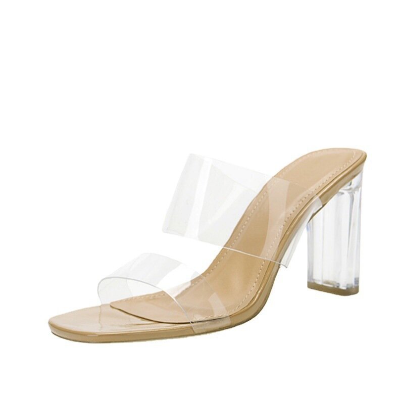 2024 Summer Square Head with Transparent Heels High Heels Women Thick Heels Back Air Wearing Fashion Sandals Women