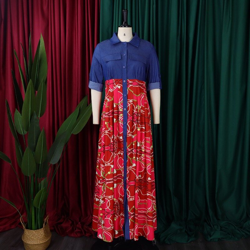 Vestidos africanos de manga larga para mujer, estampado, poliéster, rojo, azul, Maxi vestido, ropa africana, Otoño e Invierno