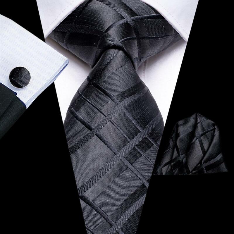 2022 New Fashion Brand Plaid Classic Black Ties for Men Wedding Party Necktie Set Handkerchief Cufflinks Gift Wholesale Hi-Tie