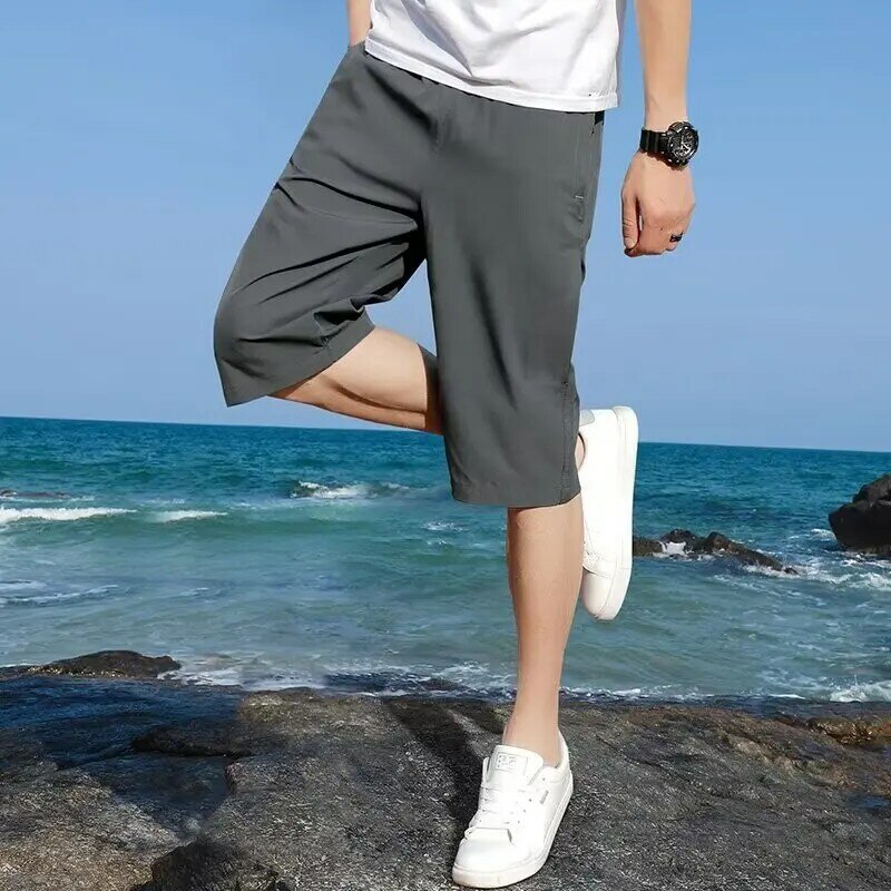 2024 летние тонкие свободные прямые шорты с разрезом, мужская летняя верхняя одежда, спортивные быстросохнущие повседневные брюки средней длины из ледяного шелка
