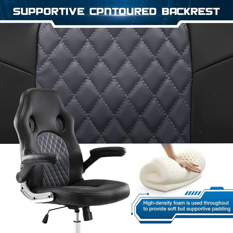 Gaming Office Chair - Ergonomic Executive Swivel Computer Desk Chair, High Back Adjustable Task Chair with Flip-up Armrests
