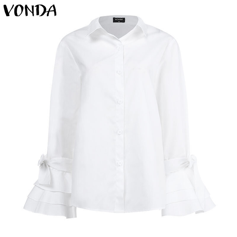 Vonda senhora lapela pescoço botão camisas femininas 2023 casual cor sólida manga superior sopro blusa camisa outono manga longa elegante escritório