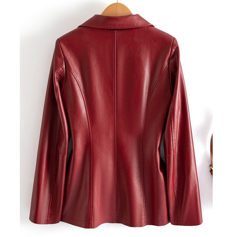 2024 nowa owcza skóra kurtki modne wino czerwone kobiety z długim rękawem jednorzędowe płaszcze w stylu Casual, damska smukłe kurtki z prawdziwej skóry M-6XL