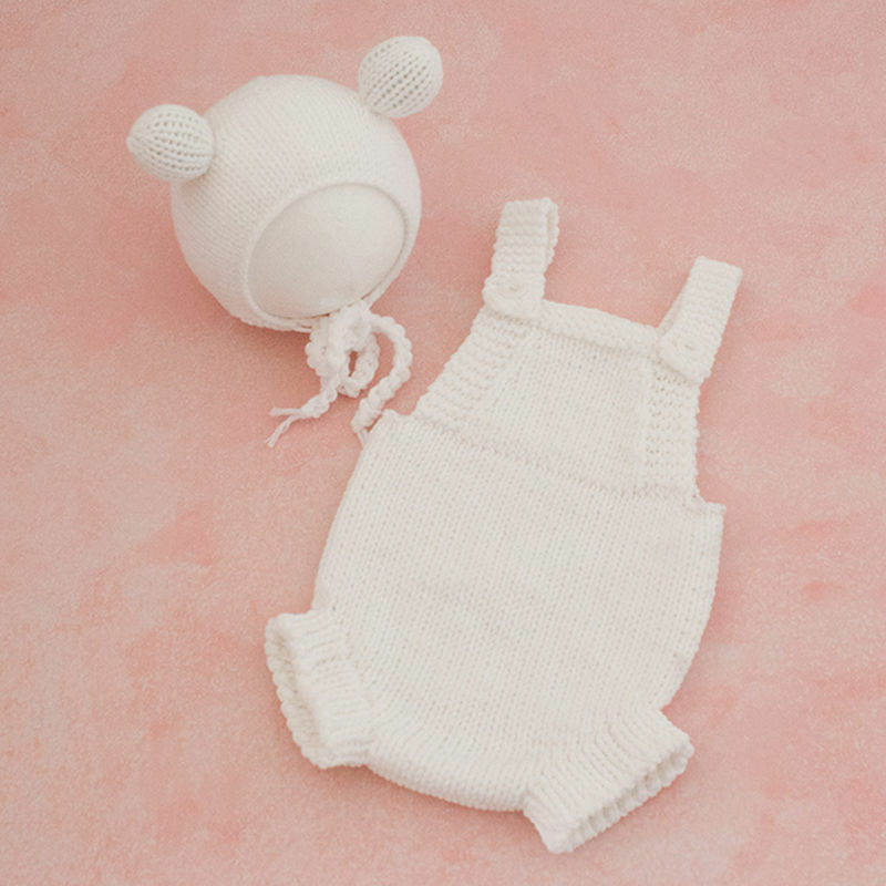 0-2 Month Newborn Bear Outfits for Photography Crochet Knit Jumpsuit Bear Ears Hat Costume Set Baby Photoshoot Props Accessories