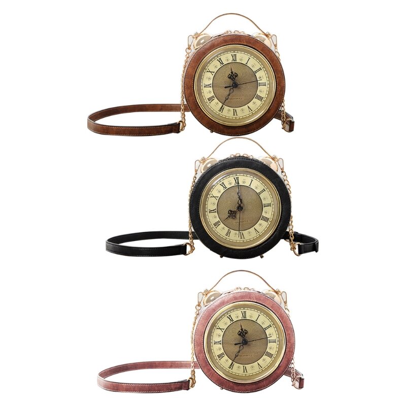 Bolso de mano redondo de cuero PU para mujer, bolso de hombro cruzado, bolso de cadena, reloj Vintage, moda
