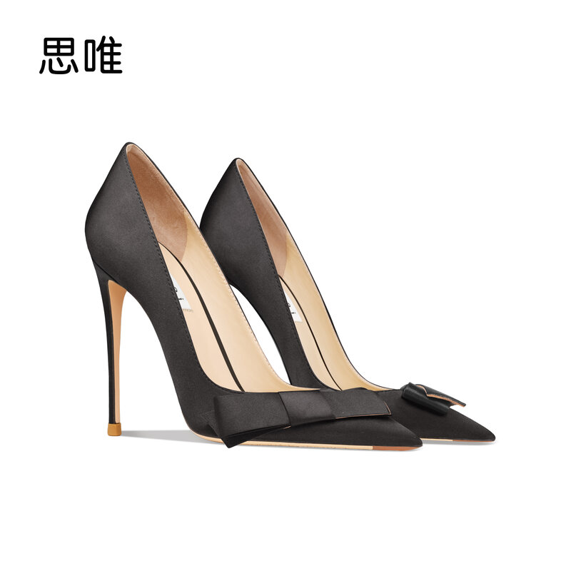 2022 NEW Women's Pumps  Satin Black Tie bow Pointed Toe High Heels Party Sexy Fashion Women High Heels Wedding Shoes