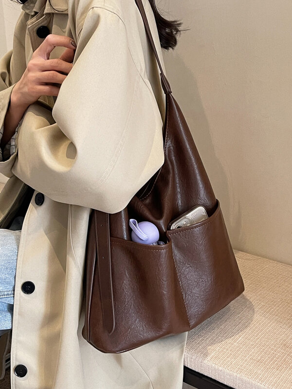 Вместительная женская сумка-тоут, трендовая дорожная сумка-шоппер для покупок на подмышках, однотонная Повседневная сумка через плечо, 2024