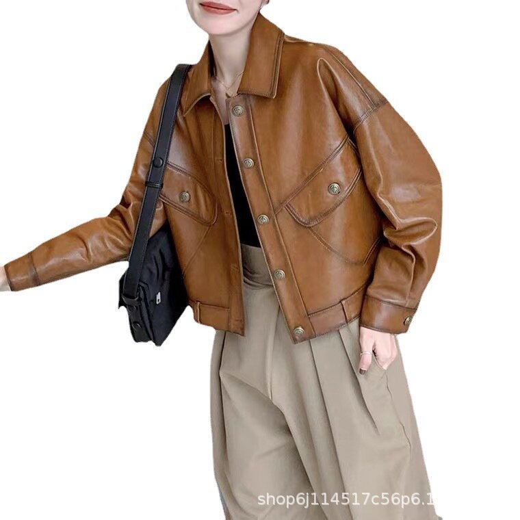 Haining 여성용 정품 가죽 재킷, 짧은 스타일, 양가죽 기질, 한국판, 오토바이 용수철, 2024 신상