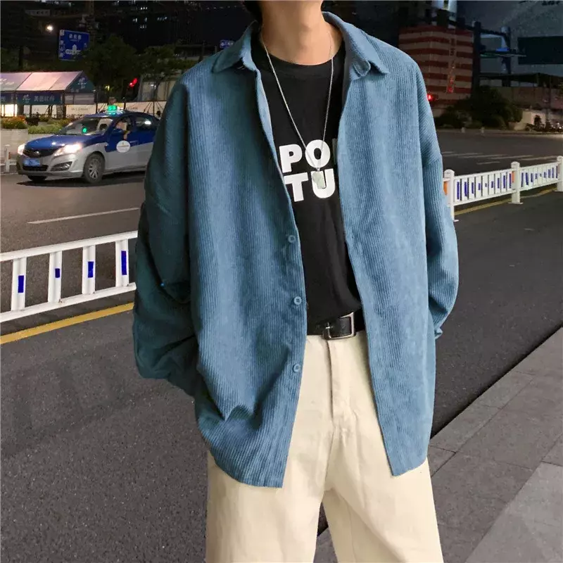 Khaki blus pria korduroi, atasan kardigan kebesaran Korea modis musim semi musim gugur lengan panjang pakaian Y2K