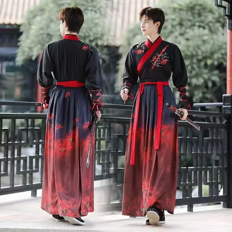 고대 중국 원피스 한푸 남성 전통 자수 드레스, 중국 스타일 무술 코스프레 코스튬 기모노 학생 유니폼