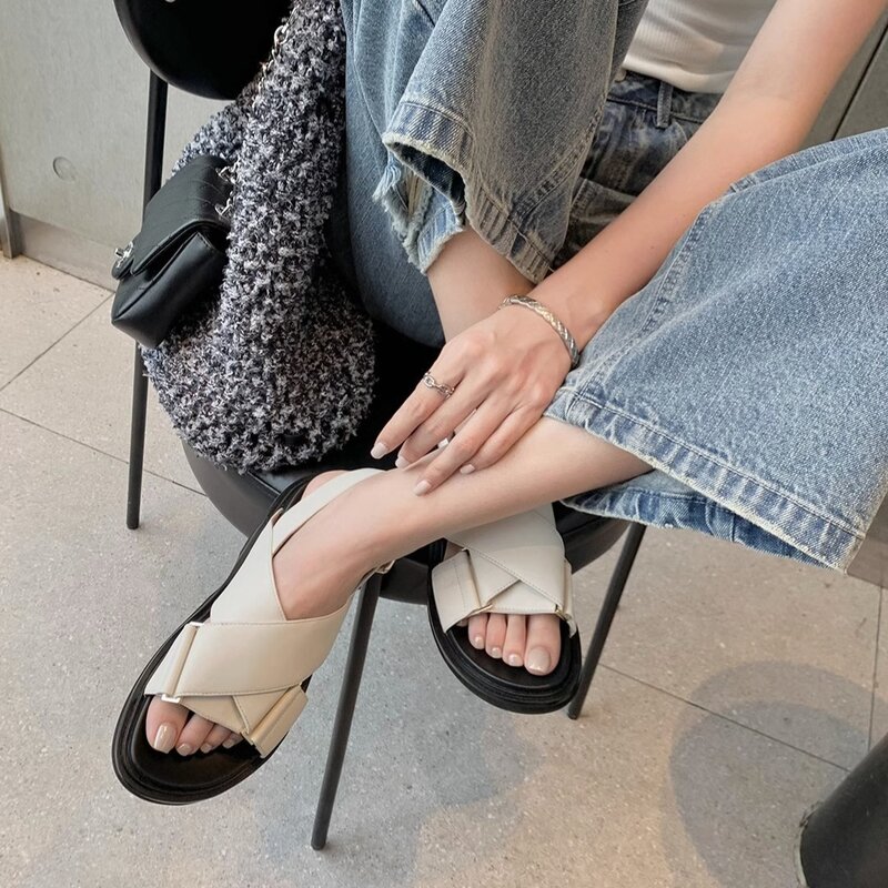 Classic Slippers~Imported Sheepskin Crossover with Open Toe Casual Thick Sole Roman Sandals for Women's Summer Denim Sandals