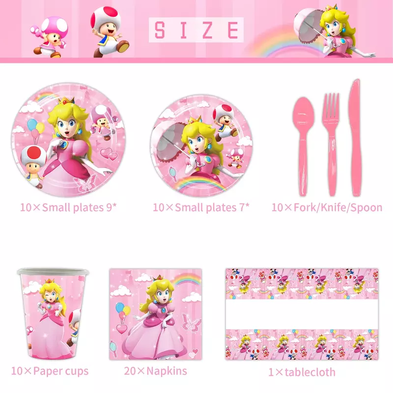 Принцесса Персиковое цветочное украшение, одноразовая посуда, чашка, тарелка, скатерть, салфетка, Подарочный мешок, воздушный шар для детей, девочек, для будущей мамы
