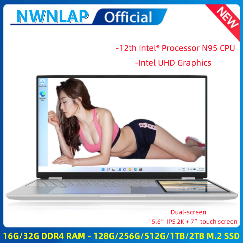 Dual Screen Laptop 15.6 Inch 2K Ips + 7 Inch Touchscreen Intel N95 Processor Gaming Laptop Ddr4 32Gb 2Tb Ssd Notebook Computer