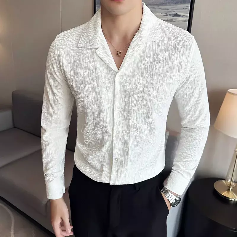 남성용 긴팔 V넥 슬림핏 원피스 셔츠, 단색 캐주얼 상의, 포멀 셔츠, 한국 패션 남성 의류, 2024 가을 신상