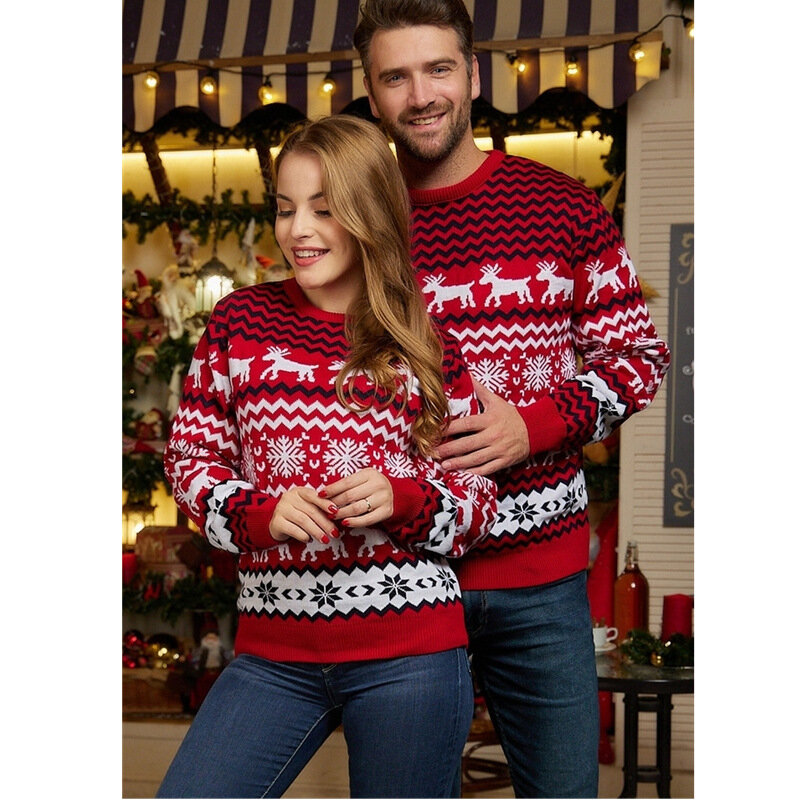 커플용 크리스마스 스웨터, 라운드 넥 엘크 자카드, 긴팔 스웨터