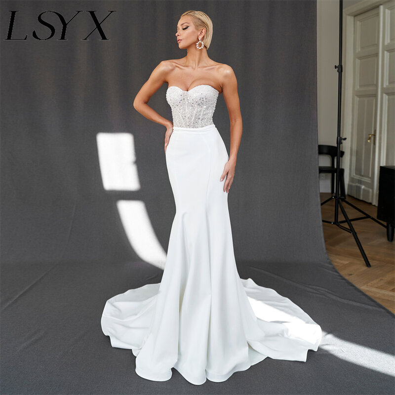 LSYX due pezzi abito da sposa a sirena senza spalline con perline lucide con cerniera sul retro elegante abito da sposa lungo fino al pavimento su misura