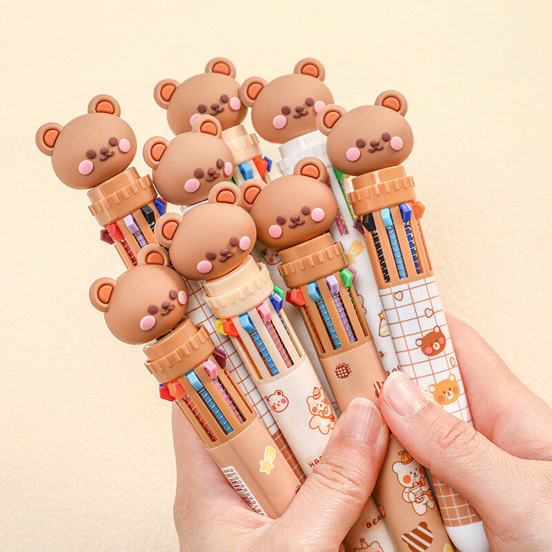 10 Color Ballpoint Pen Cartoon Bear 0.5mm Quick Drying Ink Gel Marking Key Manual Account Push Type Office Statistical Stationer