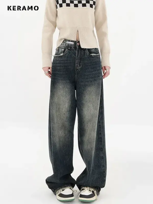 Harajuku Streetwear moda Retro jesienne damskie dżinsy z wysokim stanem luźna szeroka nogawkami proste luźny dżins spodnie Y2K workowate spodnie