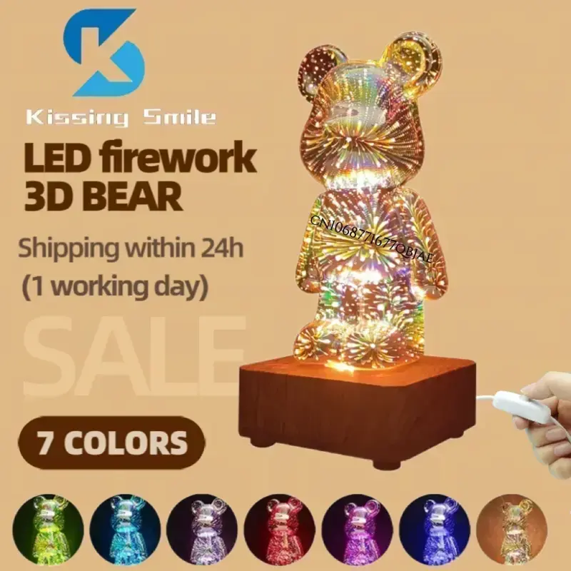3D Bear Firework LED Night Light, USB Lâmpada do Projetor, Mudança de Cor, Ambiente, Adequado para Quarto das Crianças, Decoração do Quarto