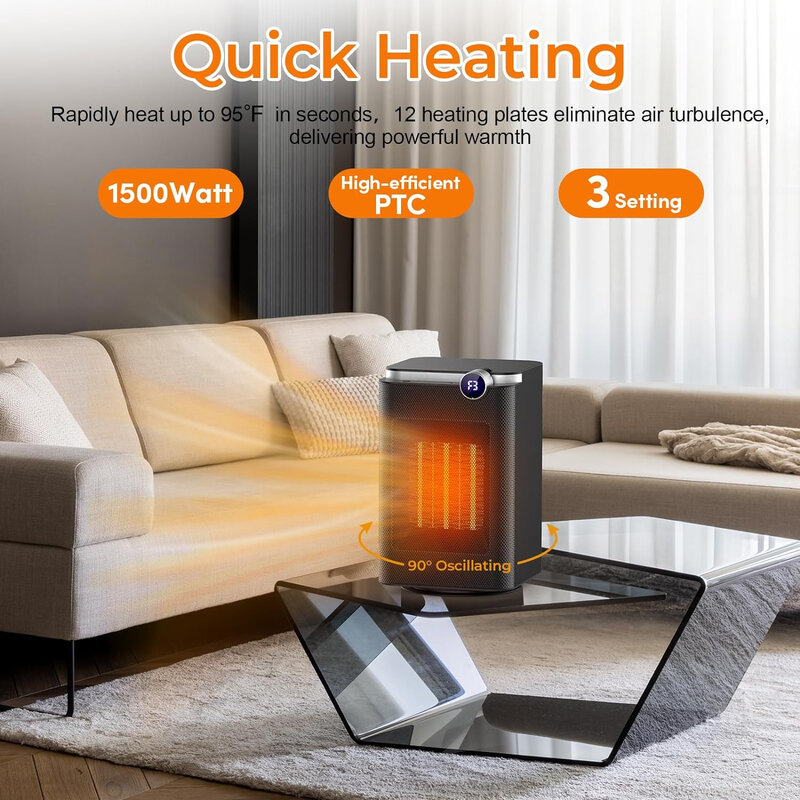 Space Heater, Space Heaters for Indoor Use, 1500W PTC Electric Heaters with 90°Oscillating, 3 Modes, 12H Timer